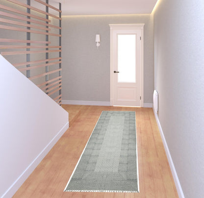 3' X 5' Gray And Blue Geometric Flatweave Handmade Distressed Area Rug With Fringe