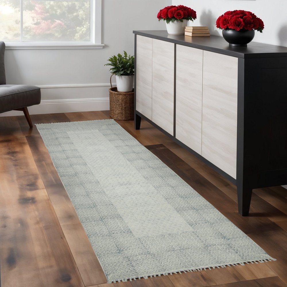 8' Gray And Blue Geometric Flatweave Handmade Distressed Runner Rug With Fringe