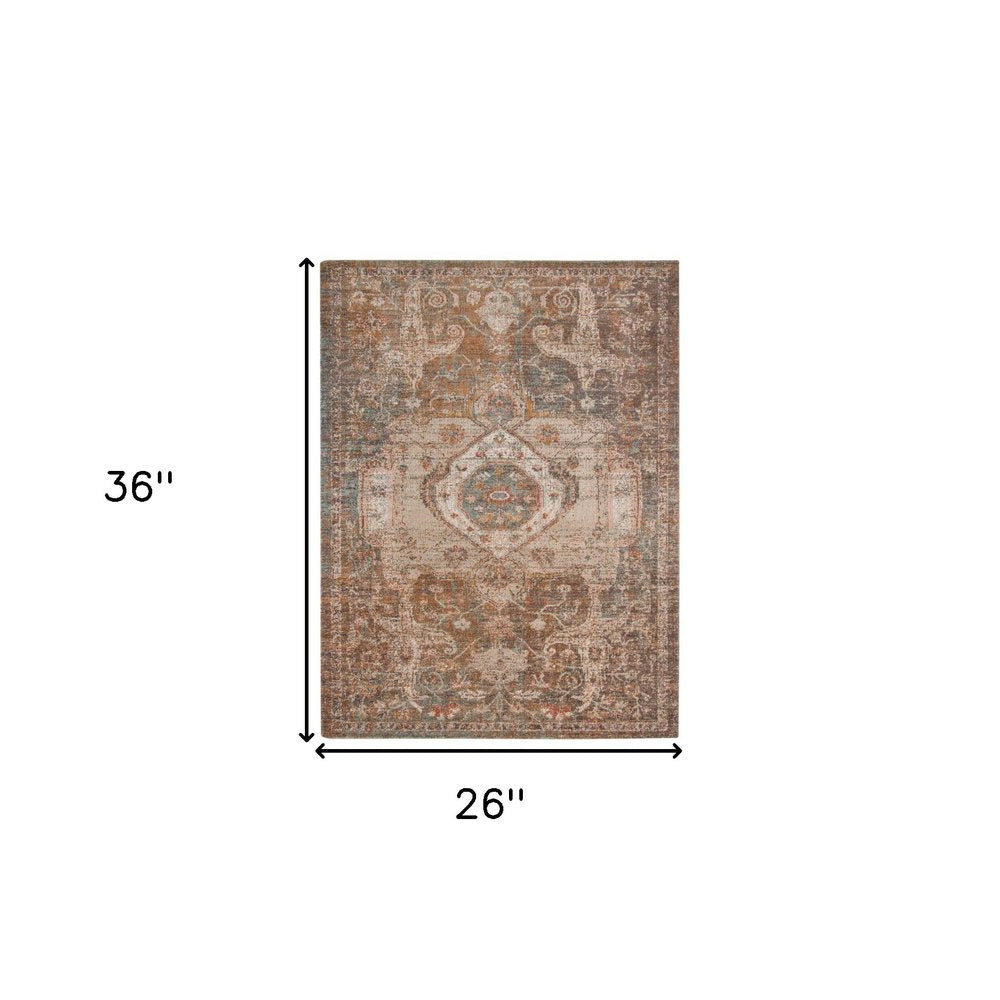 7' Beige Gray and Taupe Medallion Power Loom Runner Rug