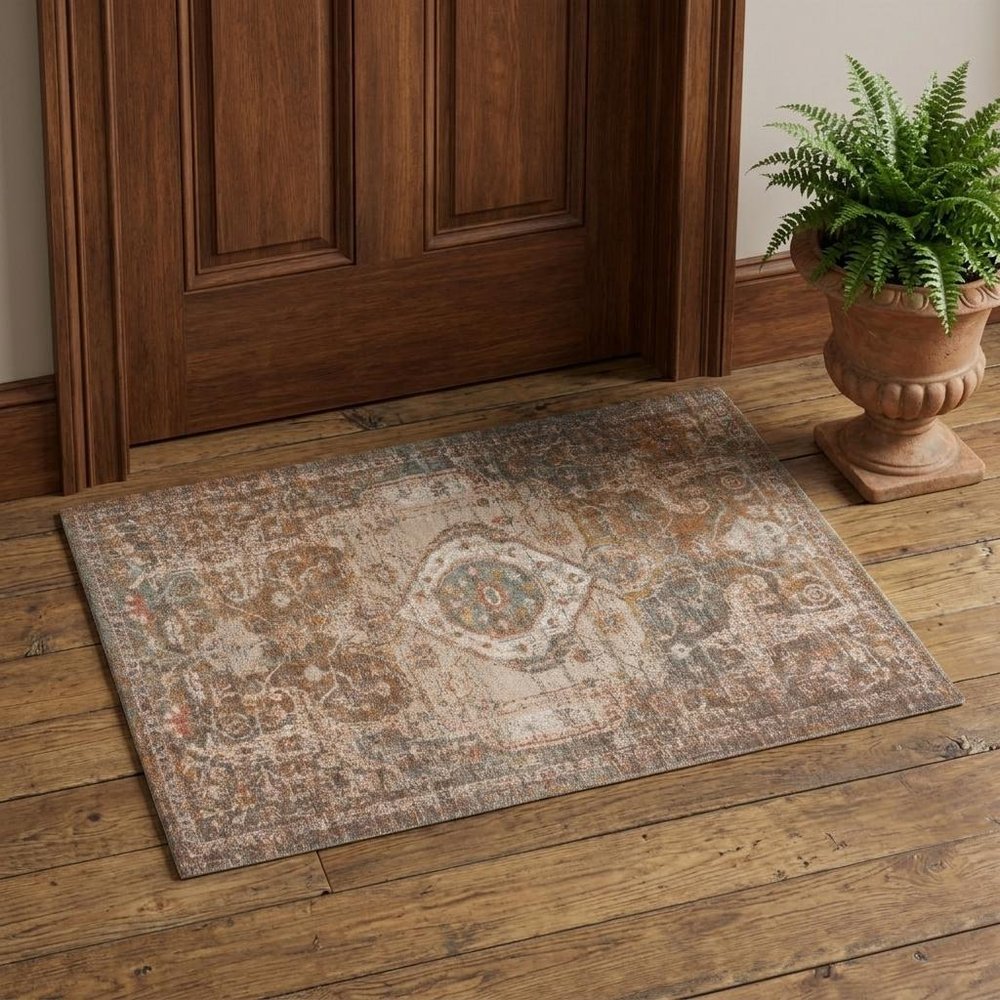 7' Beige Gray and Taupe Medallion Power Loom Runner Rug