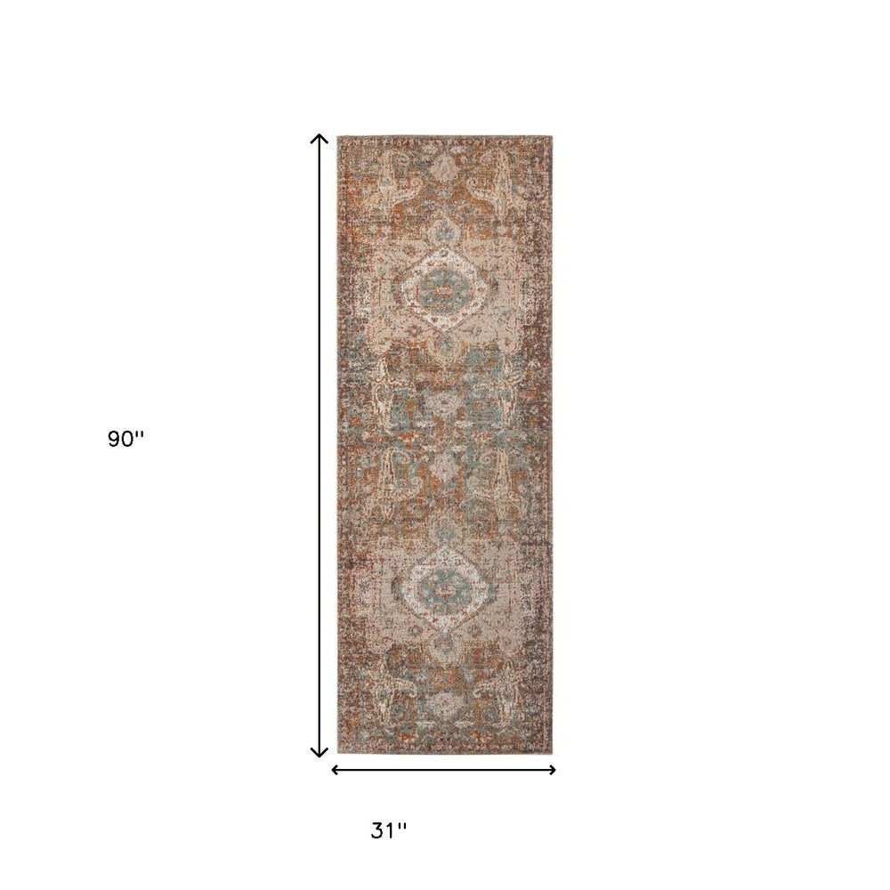 7' Beige Gray and Taupe Medallion Power Loom Runner Rug