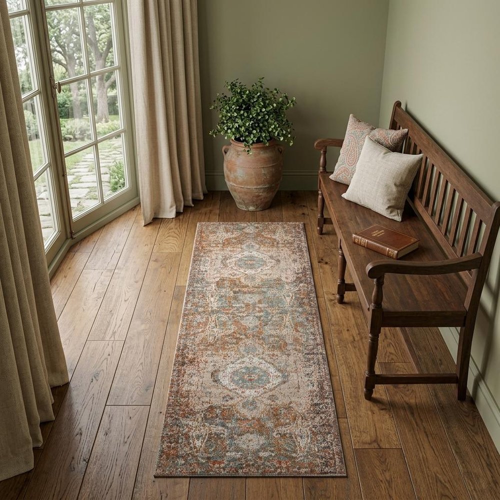 7' Beige Gray and Taupe Medallion Power Loom Runner Rug