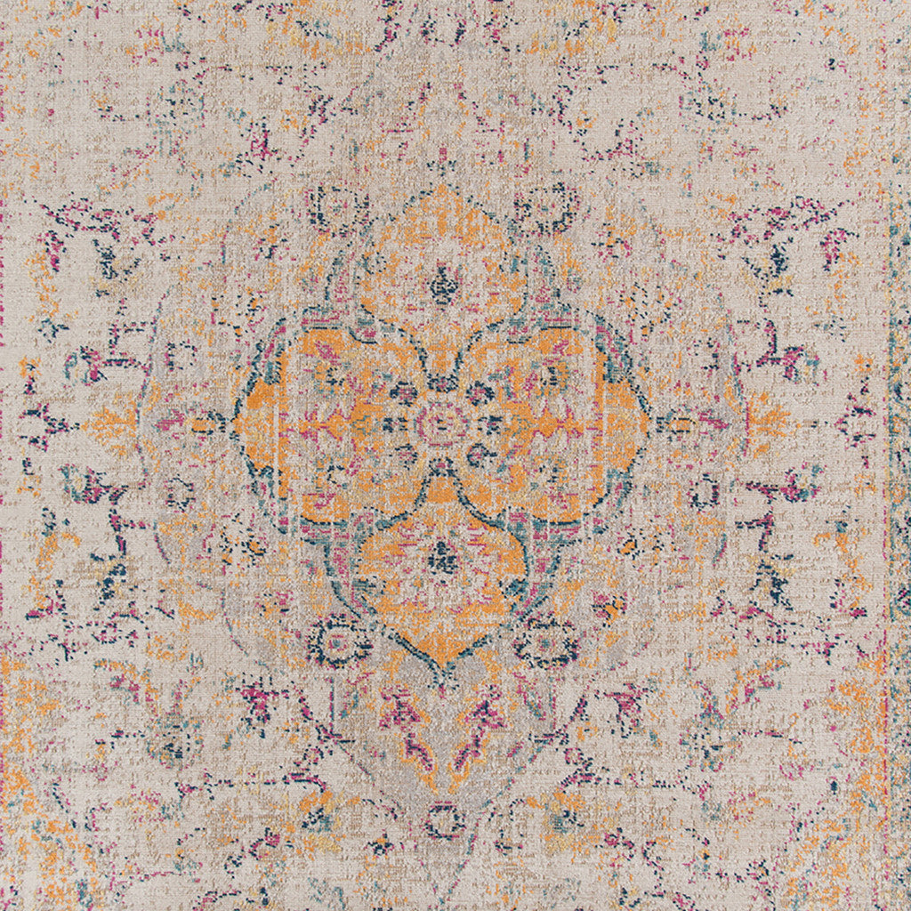 10' X 14' Ivory Navy and Yellow Oriental Power Loom Worn Faded Area Rug