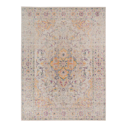 10' X 14' Ivory Navy and Yellow Oriental Power Loom Worn Faded Area Rug