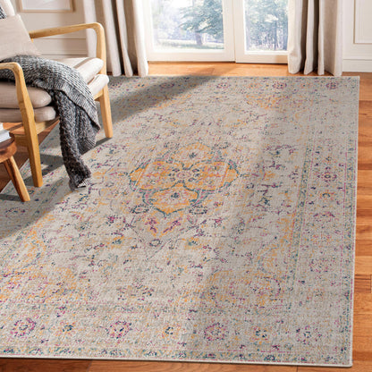 10' X 14' Ivory Navy and Yellow Oriental Power Loom Worn Faded Area Rug