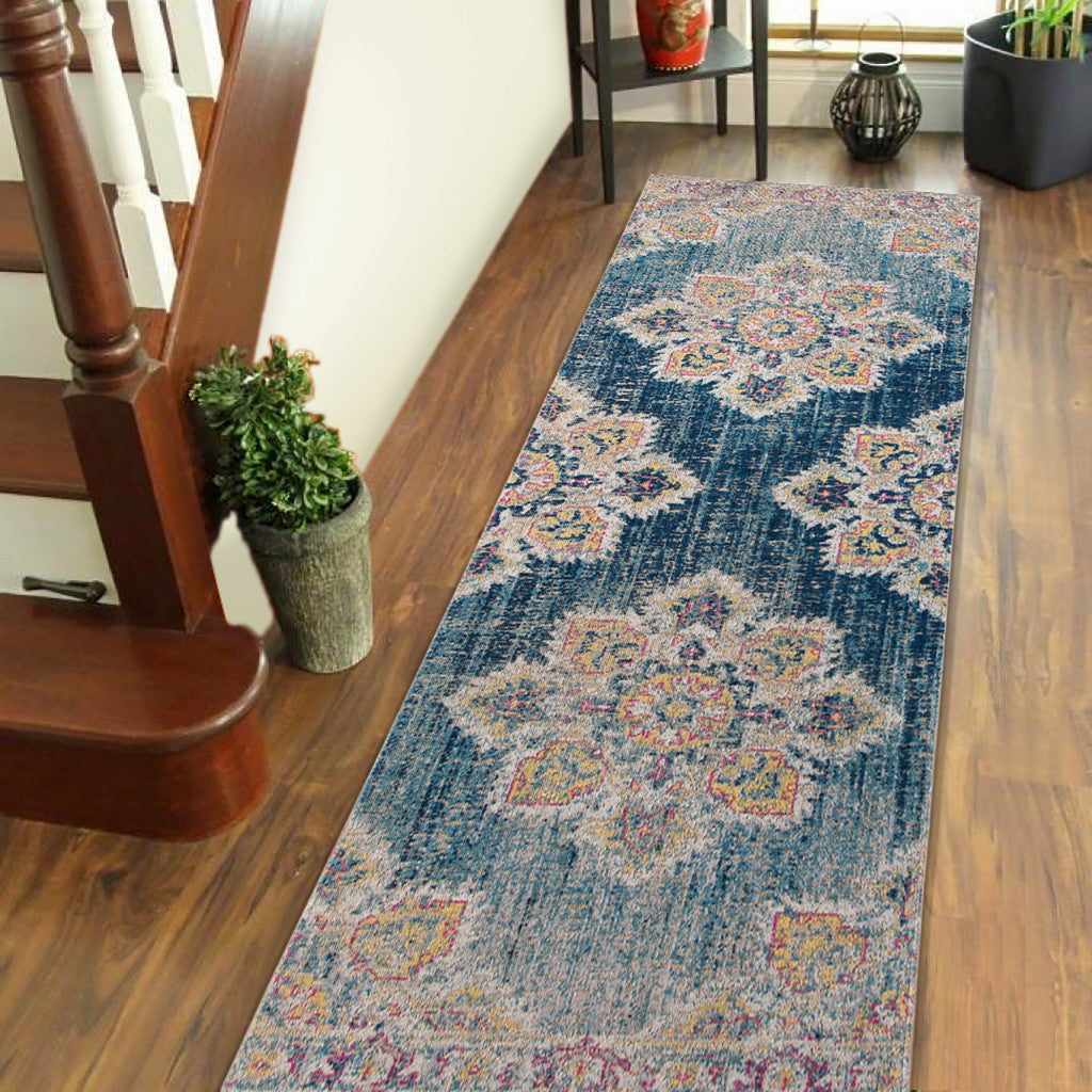 7' X 9' Yellow and Navy Medallion Power Loom Area Rug