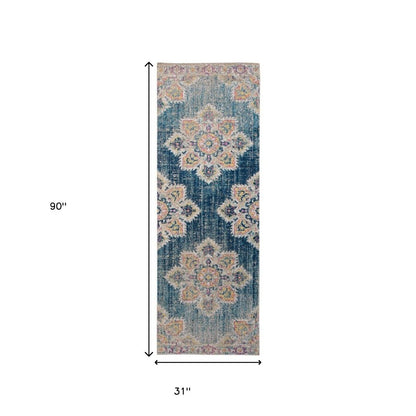 10' X 14' Blue Rust And Beige Medallion Area Rug