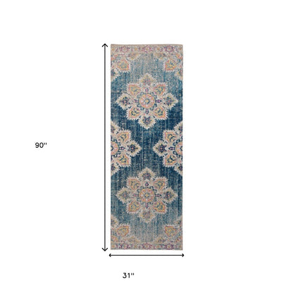 10' X 14' Blue Rust And Beige Medallion Area Rug