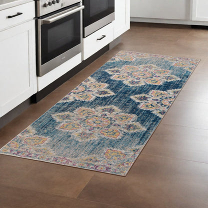 10' X 14' Blue Rust And Beige Medallion Area Rug