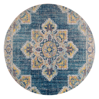 7' X 9' Yellow and Navy Medallion Power Loom Area Rug