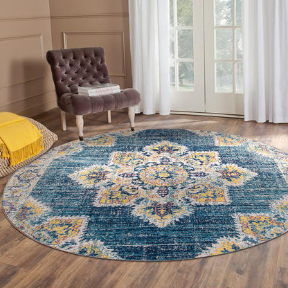 7' X 9' Yellow and Navy Medallion Power Loom Area Rug