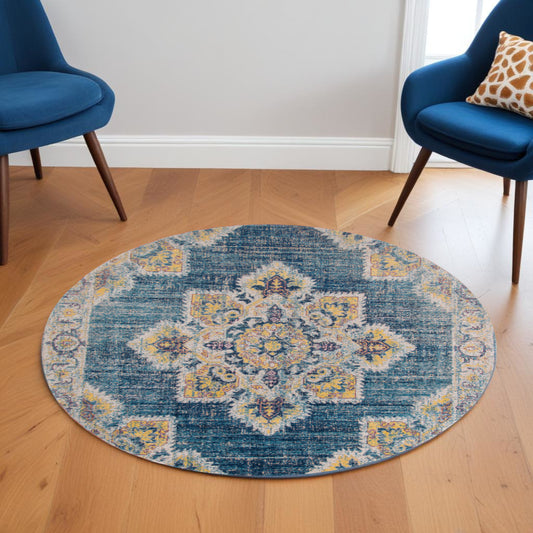 10' X 14' Blue Rust And Beige Medallion Area Rug