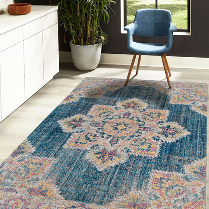 7' X 9' Yellow and Navy Medallion Power Loom Area Rug