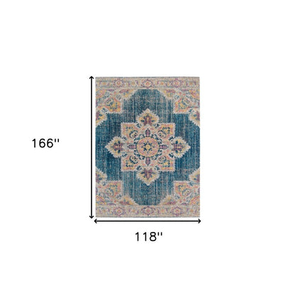 10' X 14' Blue Rust And Beige Medallion Area Rug