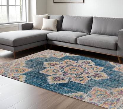10' X 14' Blue Rust And Beige Medallion Area Rug