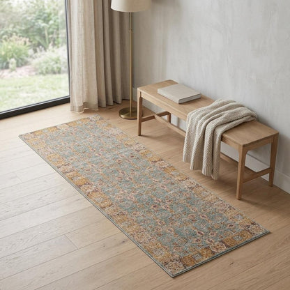 7' Teal Red And Orange Floral Runner Rug