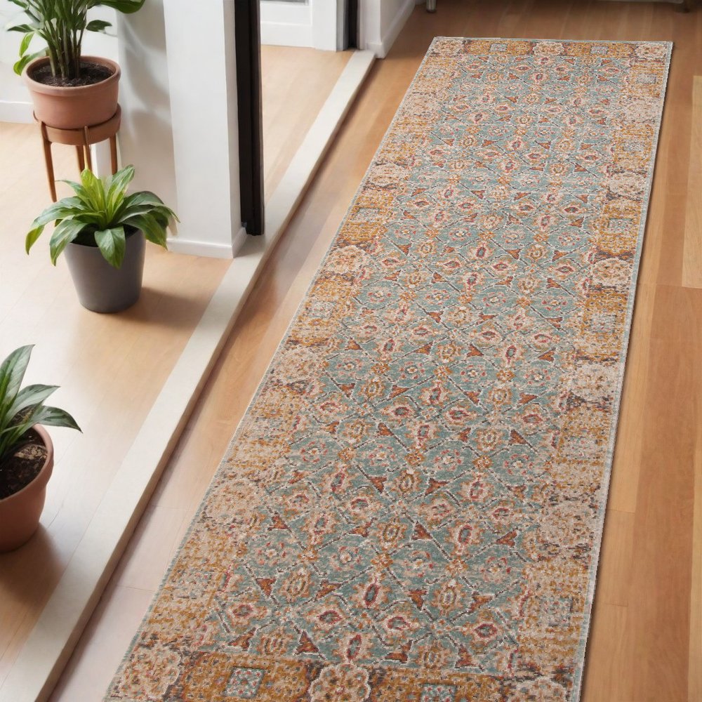 7' Teal Red And Orange Floral Runner Rug