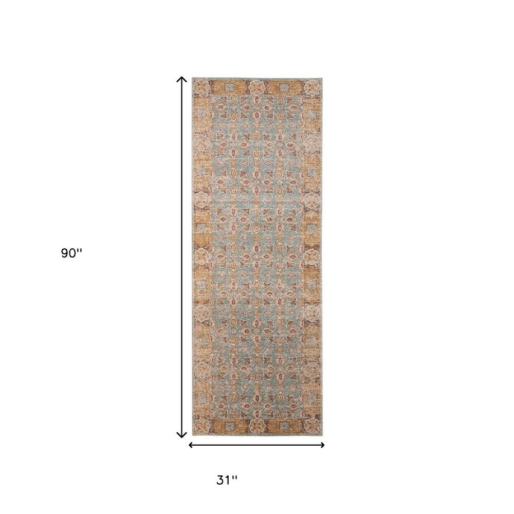 7' Teal Red And Orange Floral Runner Rug