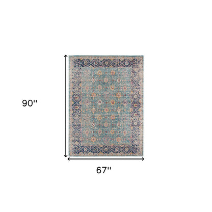 7' X 9' Teal And Orange Floral Distressed Area Rug