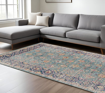 7' X 9' Teal And Orange Floral Distressed Area Rug
