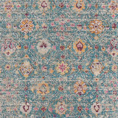 7' X 9' Teal And Orange Floral Distressed Area Rug