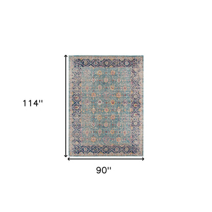 7' X 9' Teal And Orange Floral Distressed Area Rug