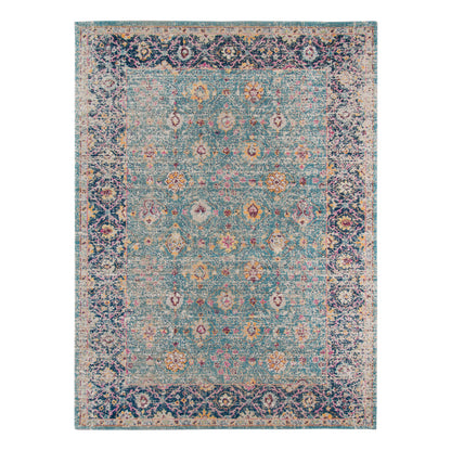 7' X 9' Teal And Orange Floral Distressed Area Rug