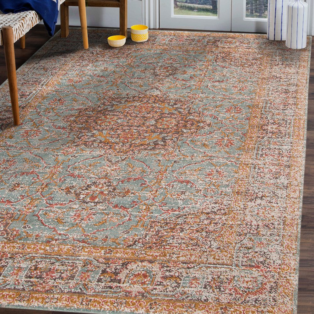 7' Teal Red And Orange Medallion Runner Rug