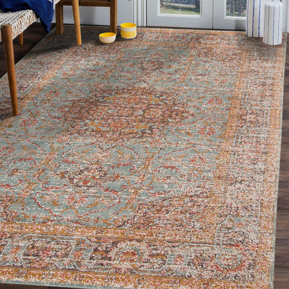 7' Teal Red And Orange Medallion Runner Rug