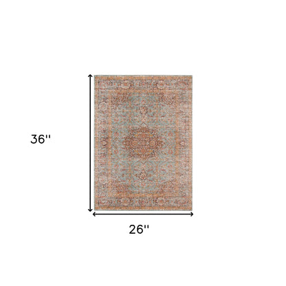 2' X 3' Teal Red And Orange Medallion Area Rug