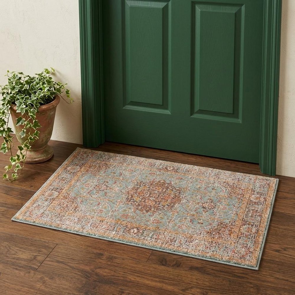 10' X 14' Teal Red And Orange Medallion Area Rug