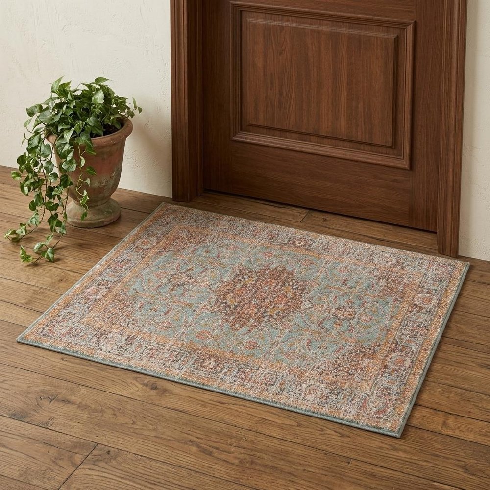 2' X 3' Teal Red And Orange Medallion Area Rug