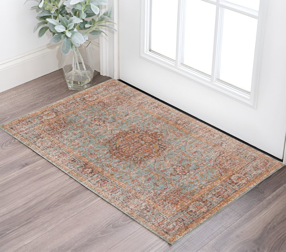 2' X 3' Teal Red And Orange Medallion Area Rug