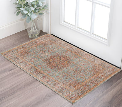 2' X 3' Teal Red And Orange Medallion Area Rug