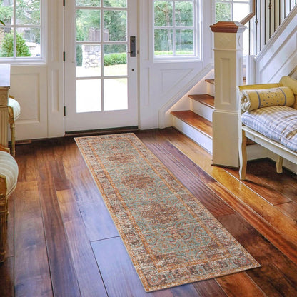 7' Teal Red And Orange Medallion Runner Rug