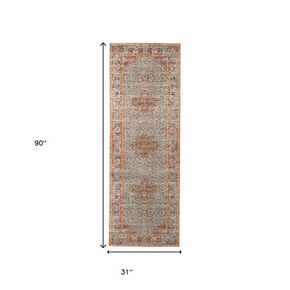 7' Teal Red And Orange Medallion Runner Rug