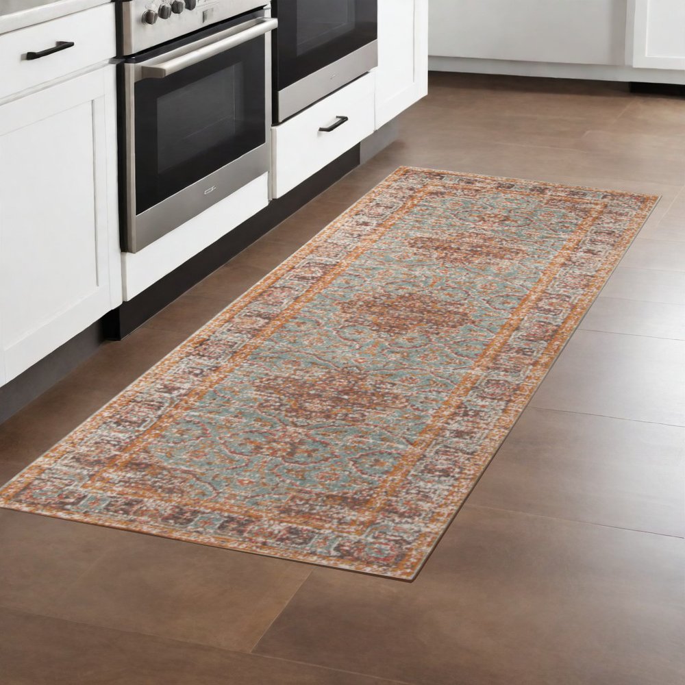 2' X 3' Teal Red And Orange Medallion Area Rug