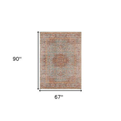 2' X 3' Teal Red And Orange Medallion Area Rug