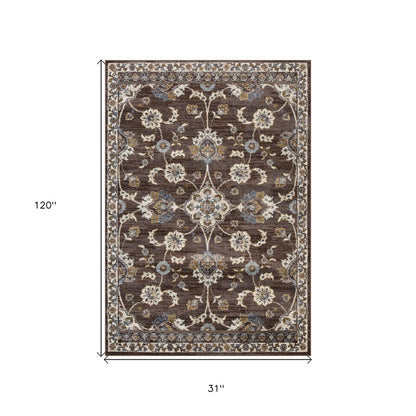 10' Ivory Blue And Brown Floral Runner Rug