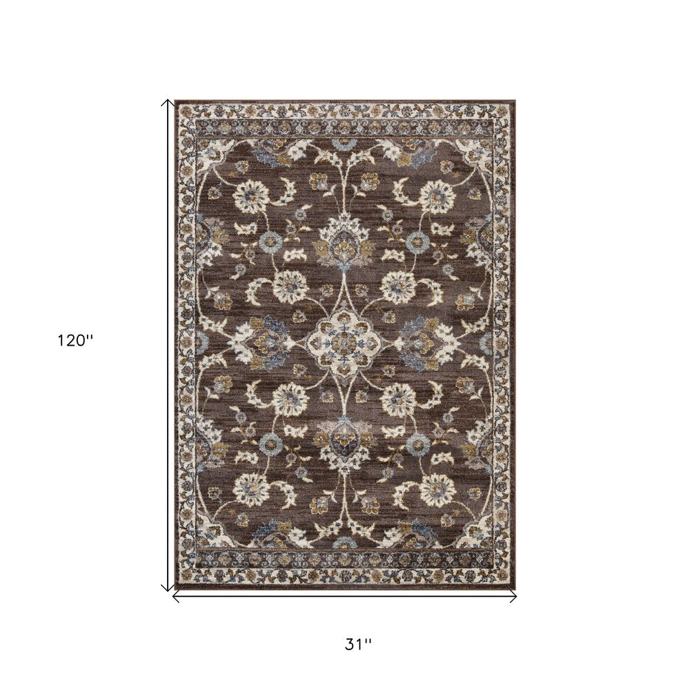 10' Ivory Blue And Brown Floral Runner Rug