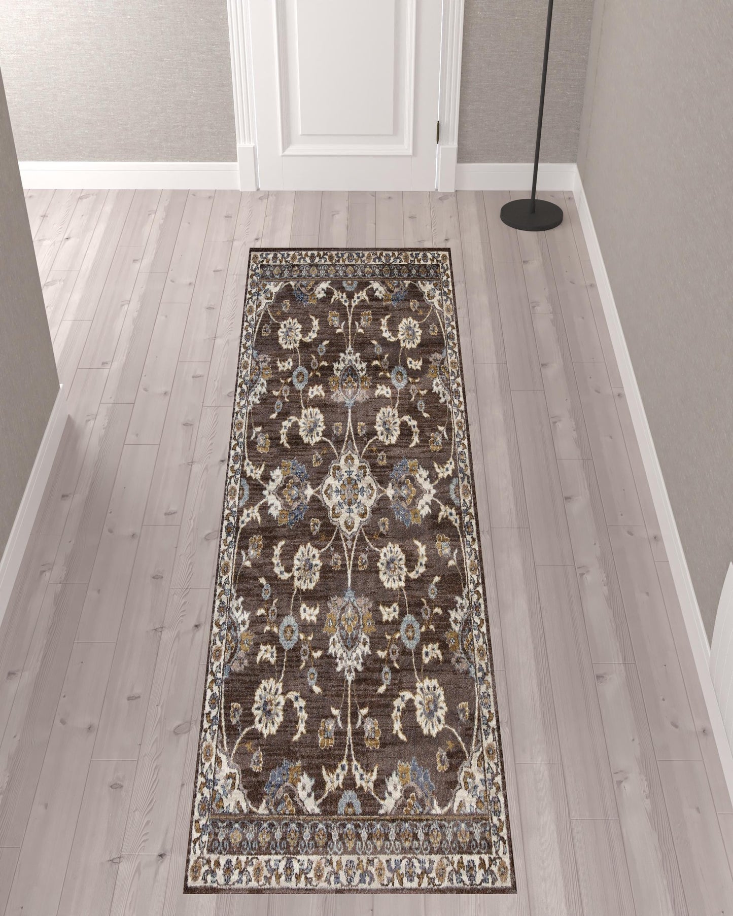 10' Ivory Blue and Brown Floral Power Loom Runner Rug