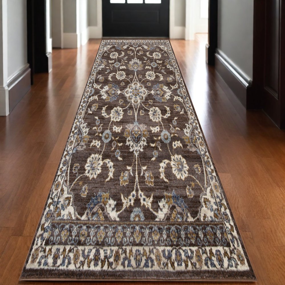 10' Ivory Blue And Brown Floral Runner Rug