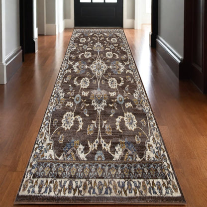 10' Ivory Blue And Brown Floral Runner Rug
