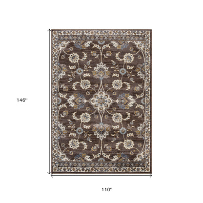 10' Ivory Blue and Brown Floral Power Loom Runner Rug