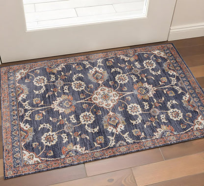 10' Ivory Orange And Dark Gray Floral Runner Rug