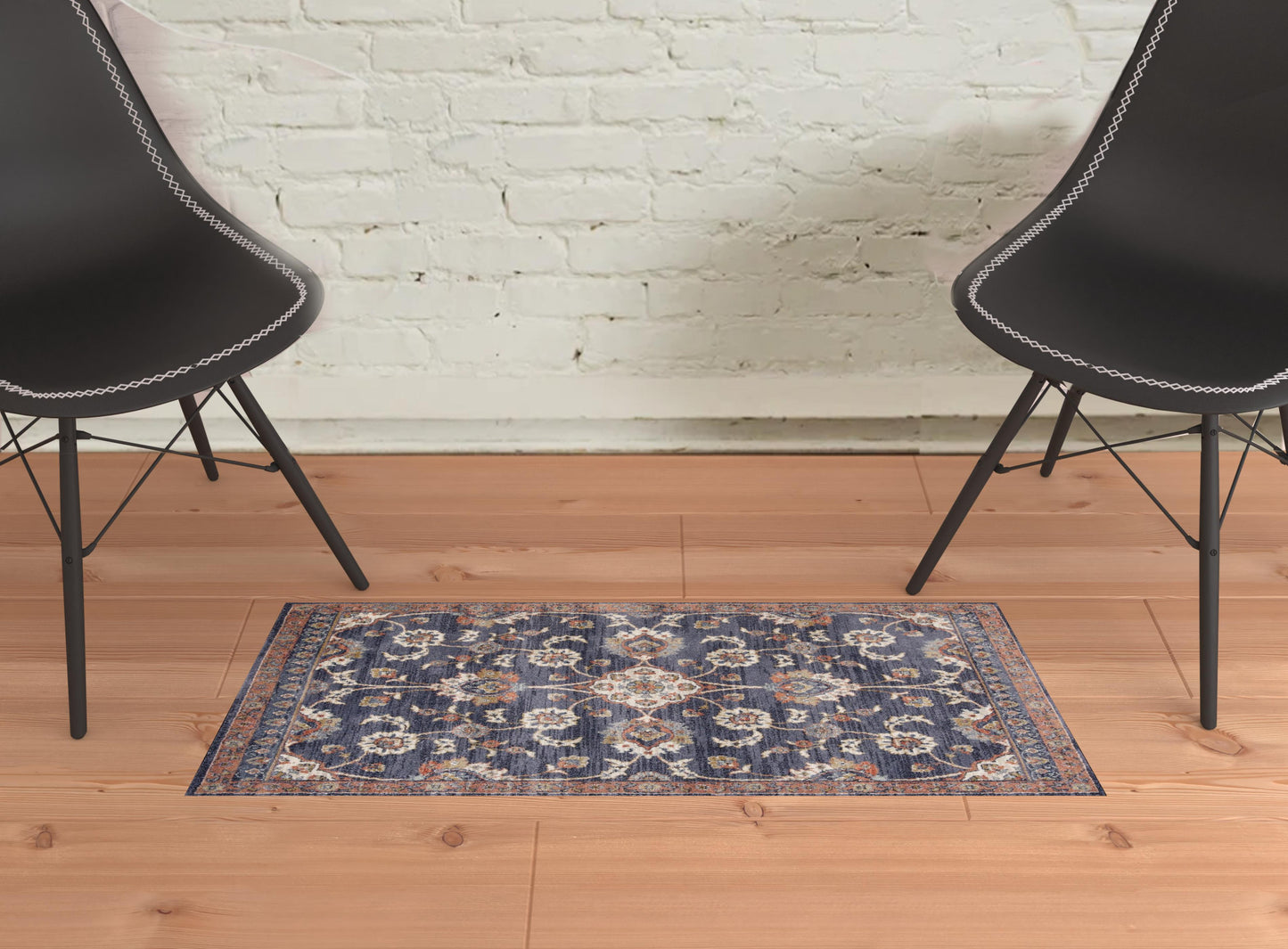 2' X 3' Ivory Navy and Orange Floral Power Loom Area Rug