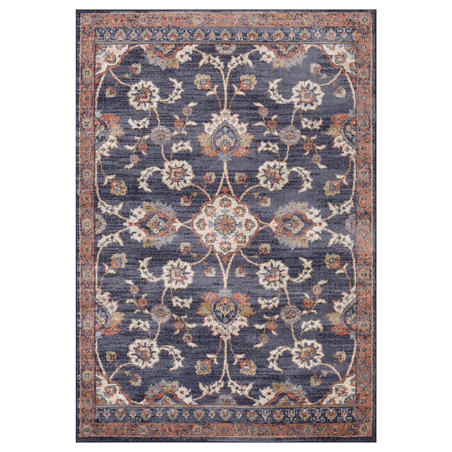 2' X 3' Ivory Navy and Orange Floral Power Loom Area Rug