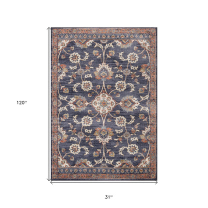 2' X 3' Ivory Navy and Orange Floral Power Loom Area Rug