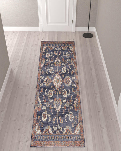 2' X 3' Ivory Navy and Orange Floral Power Loom Area Rug