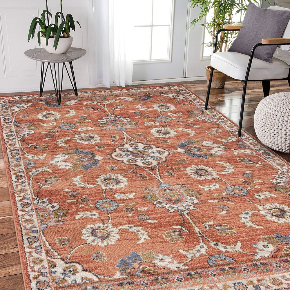 9' X 12' Ivory Blue And Orange Floral Area Rug